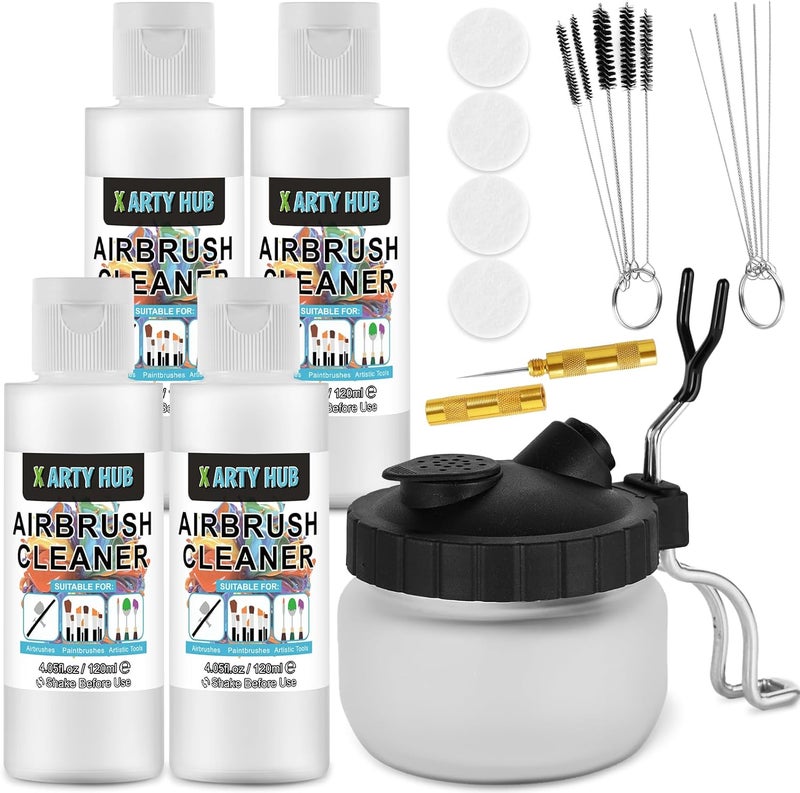 X ARTY HUB Airbrush Cleaning Kit - 4 * 4.05 fl oz / 120 ml Airbrush Cleaner with Glass Cleaning Pot, Easily Handle Water-Based and Acrylic Paints, for Airbrushes & Other Artistic Tools - Image 1